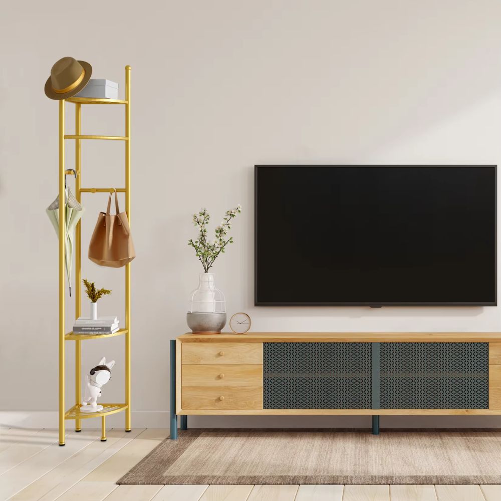 Standing Metal Corner Coat Stand Clothes Rack with Storage Shelf Garment Rack Hall Tree