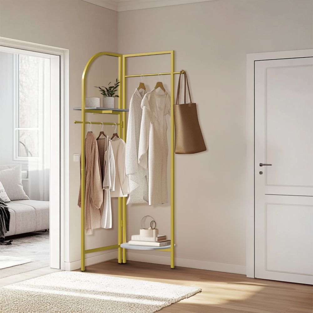 Freestanding Gold Metal Coat Rack Entryway Corner Clothes Stand with Shelf