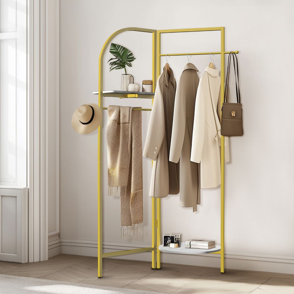 Freestanding Gold Metal Coat Rack Entryway Corner Clothes Stand with Shelf