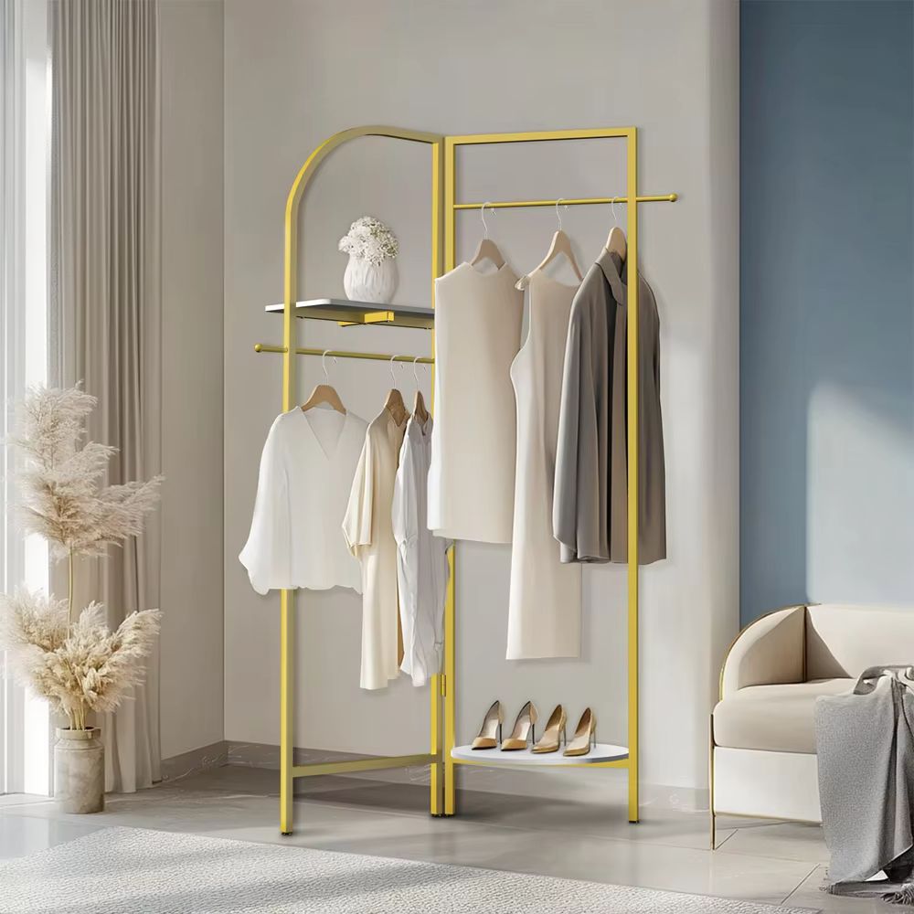 Freestanding Gold Metal Coat Rack Entryway Corner Clothes Stand with Shelf