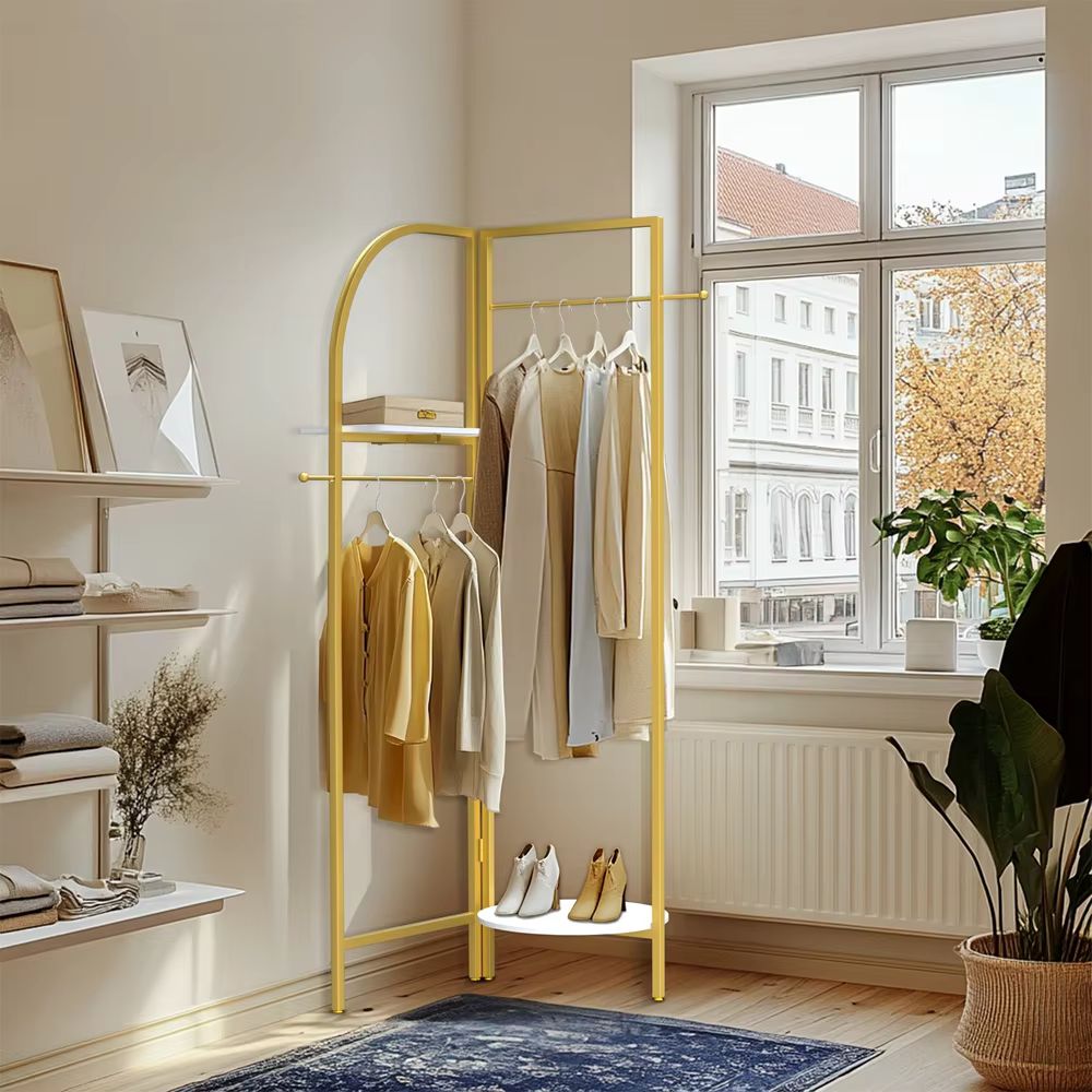 Freestanding Gold Metal Coat Rack Entryway Corner Clothes Stand with Shelf