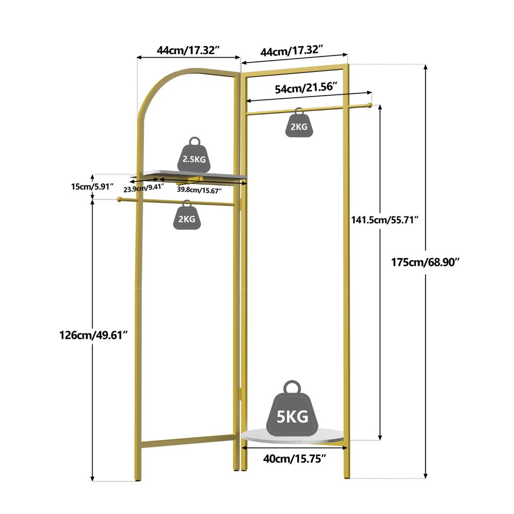 Freestanding Gold Metal Coat Rack Entryway Corner Clothes Stand with Shelf