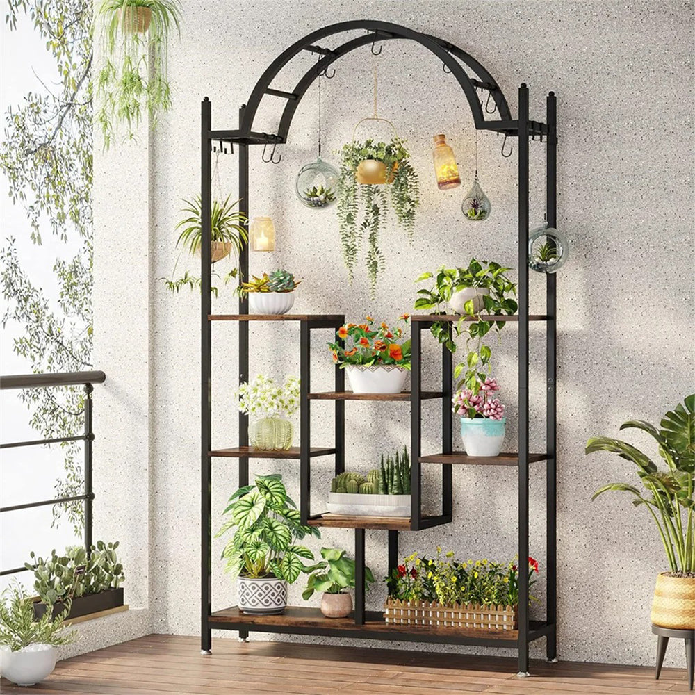 Extra Large Arched Metal Flower Shelf with Hanging Hooks