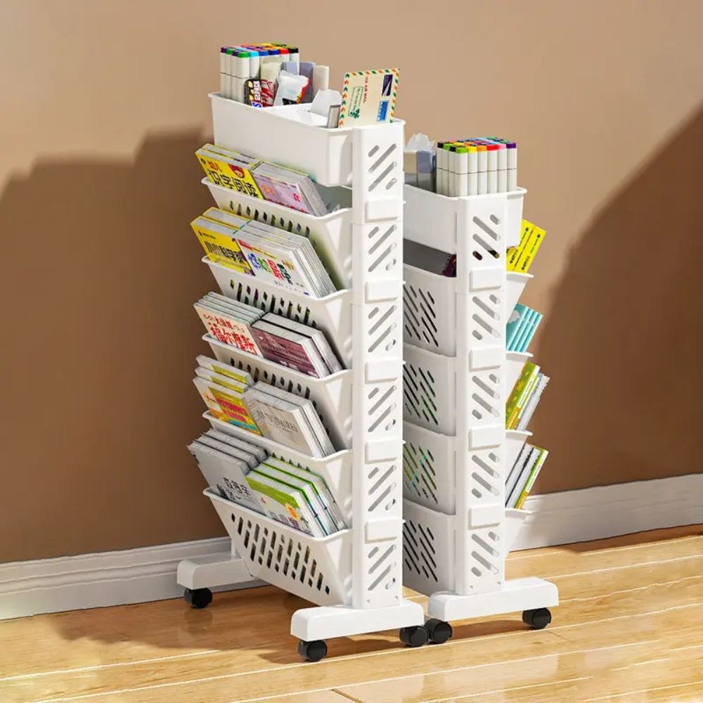Floor Mounted Movable Bookshelf with Wheels Classroom Desk Storage Rack_1