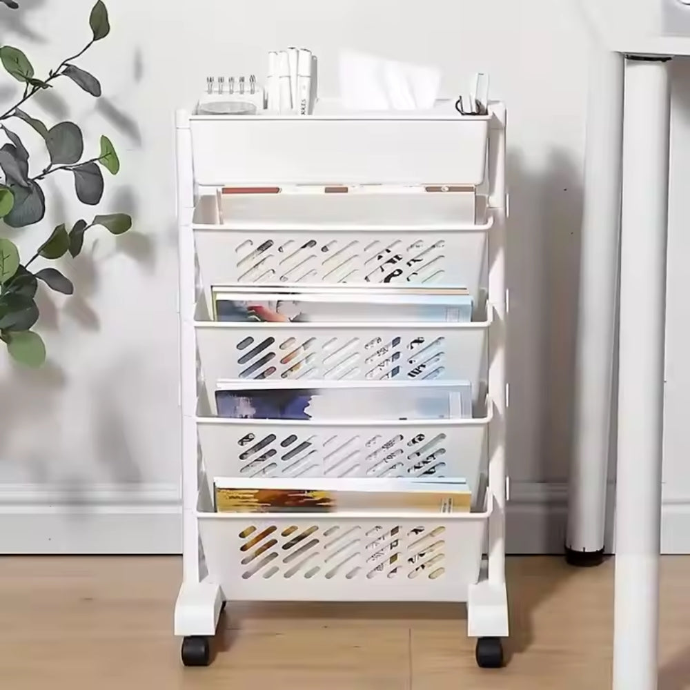 Floor Mounted Movable Bookshelf with Wheels Classroom Desk Storage Rack_3
