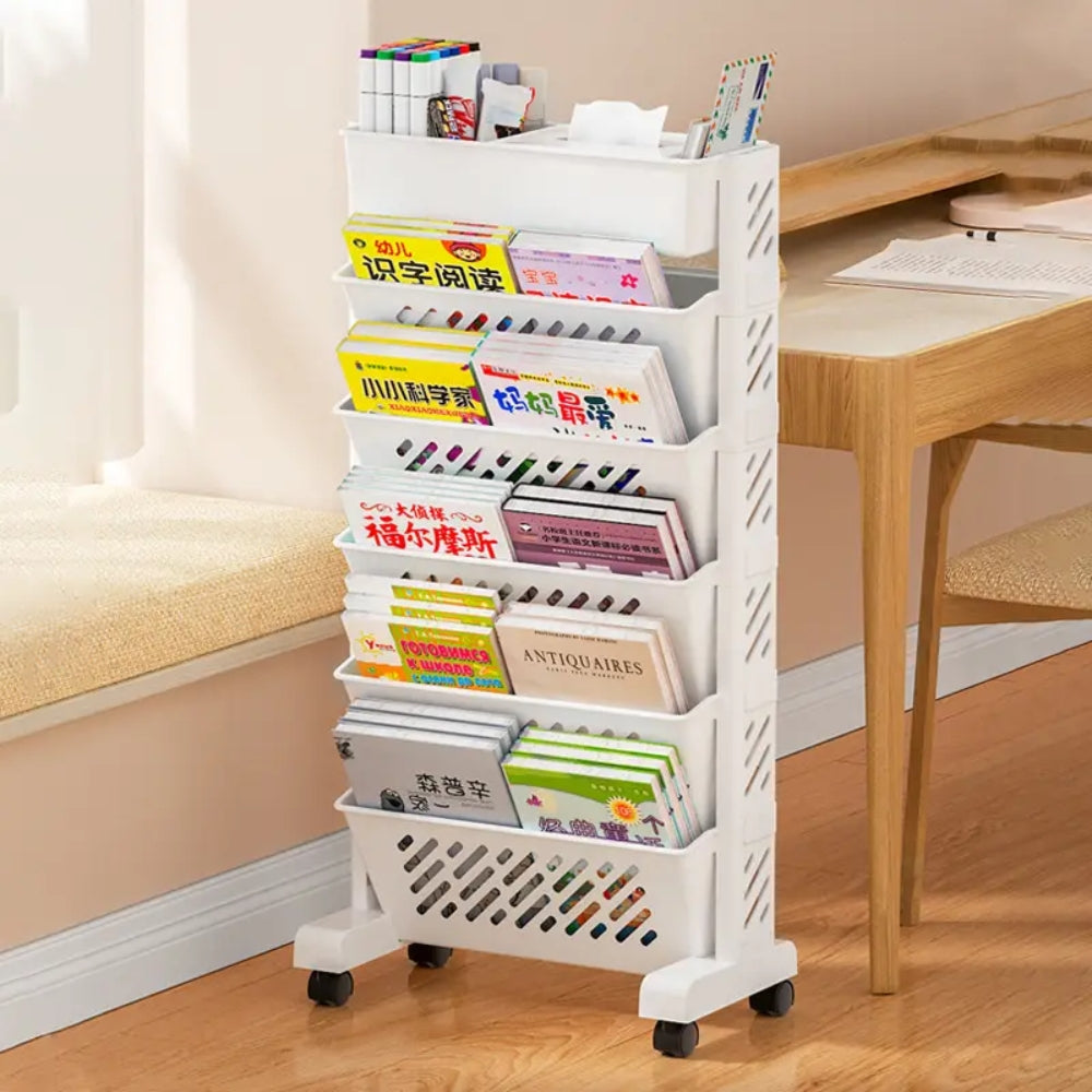 Floor Mounted Movable Bookshelf with Wheels Classroom Desk Storage Rack_4