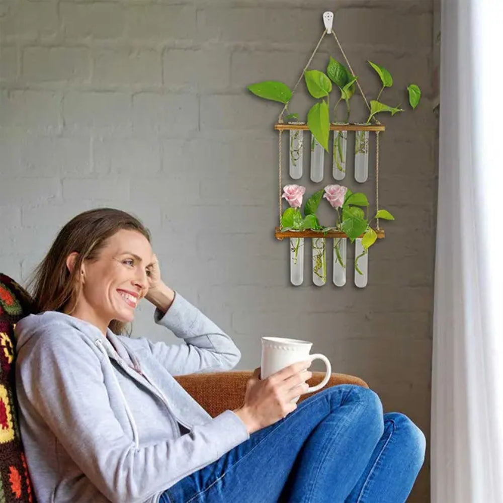 2 Layer Glass Wall Hanging Planter with Wooden Stand