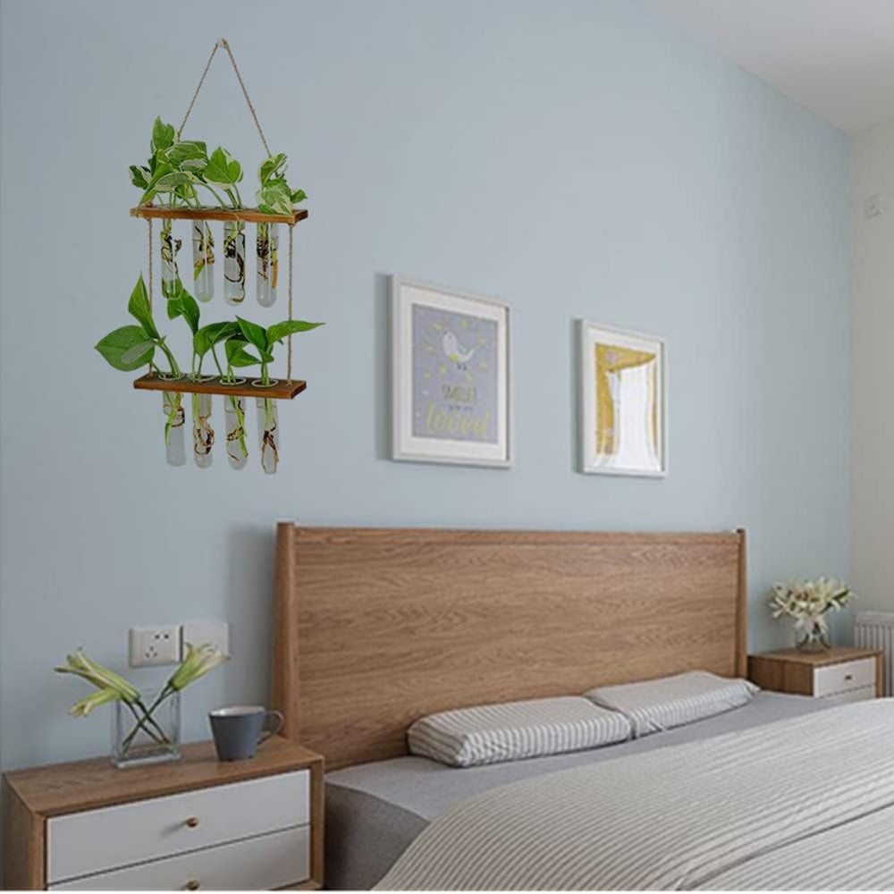 2 Layer Glass Wall Hanging Planter with Wooden Stand