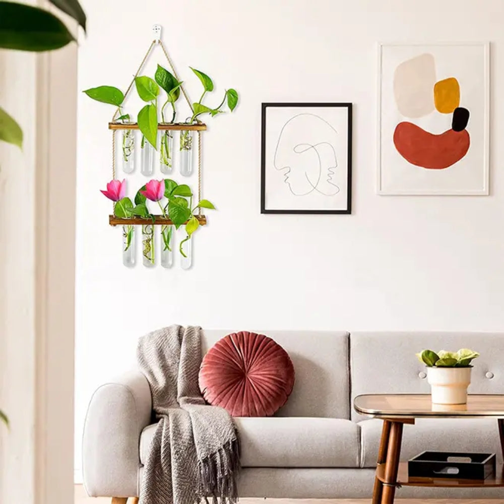 2 Layer Glass Wall Hanging Planter with Wooden Stand