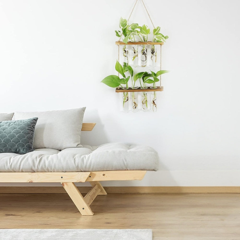 2 Layer Glass Wall Hanging Planter with Wooden Stand