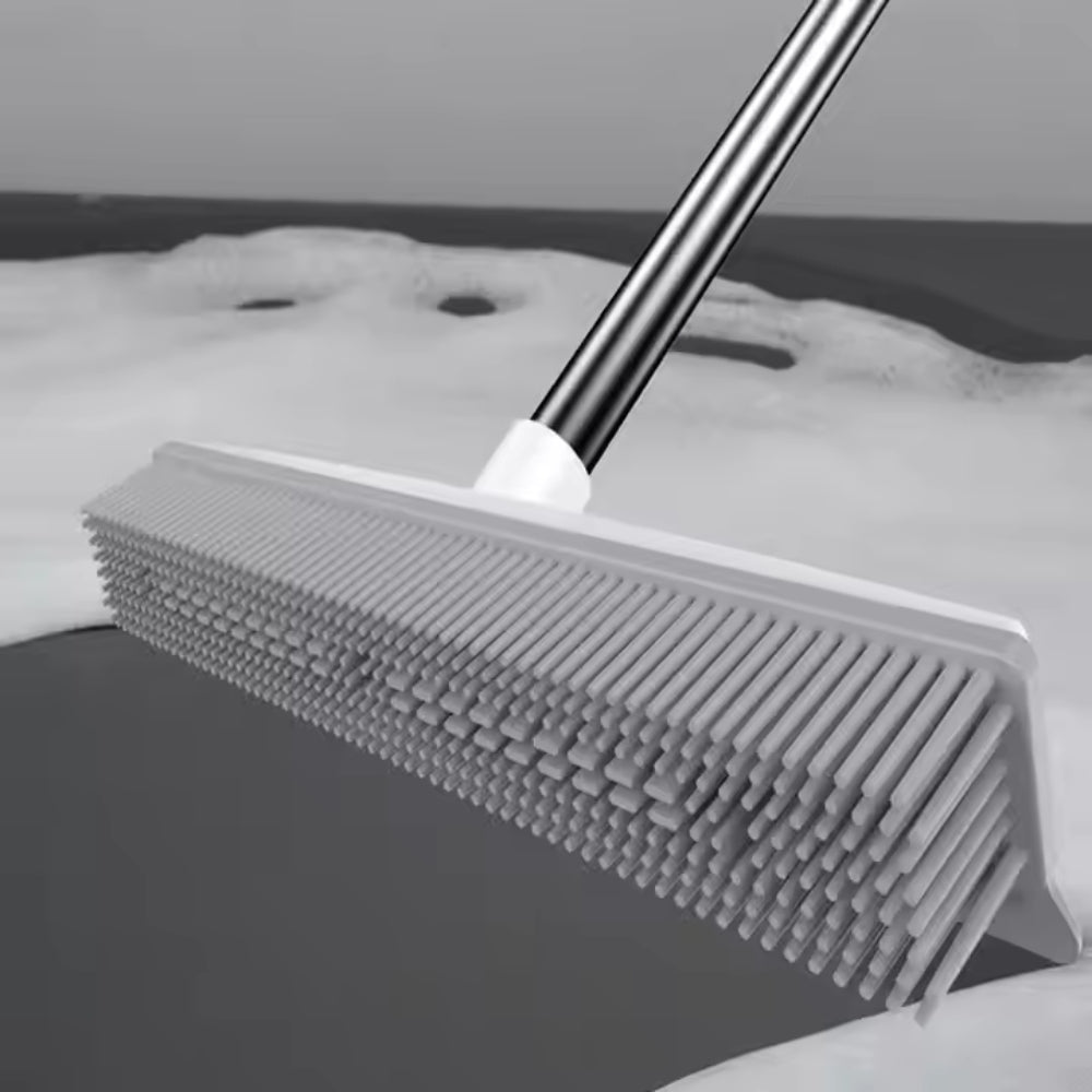 Rubber Broom Carpet Rake with Squeegee Long Handle for Pet Hair Fur Remover Broom