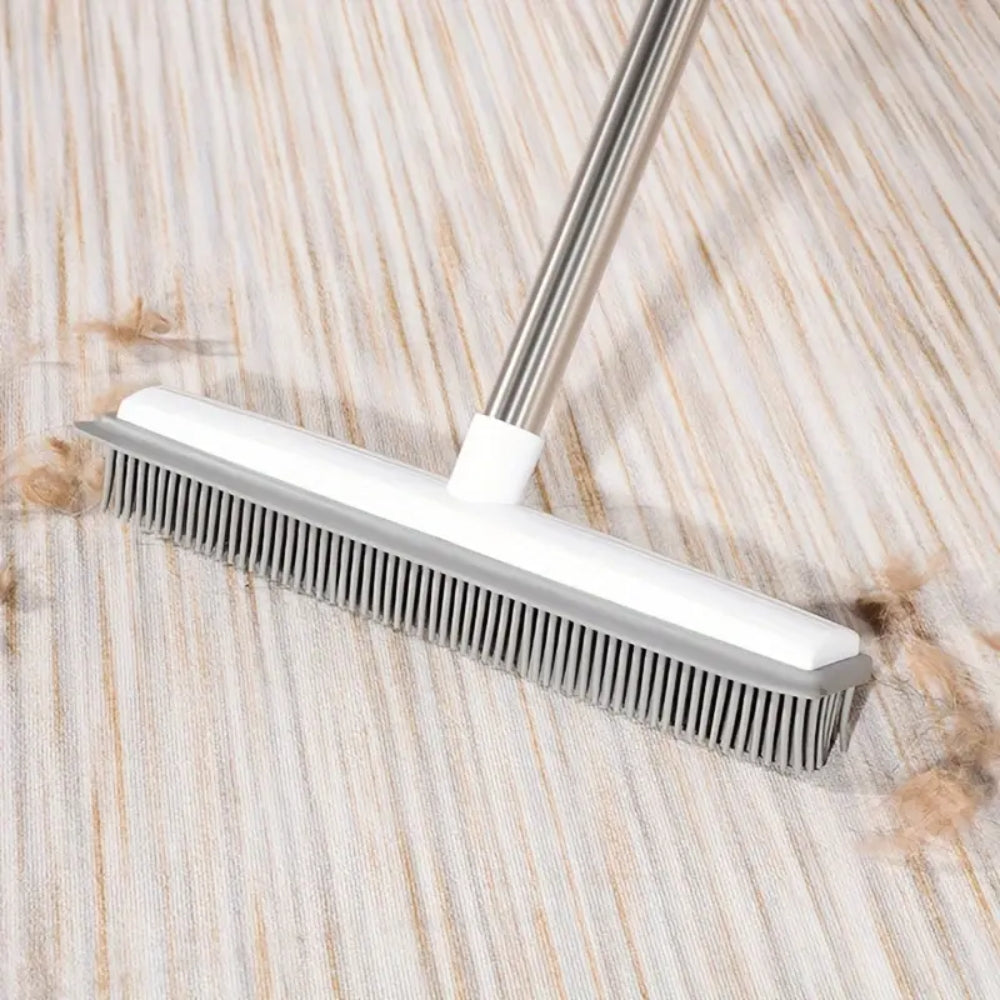 Rubber Broom Carpet Rake with Squeegee Long Handle for Pet Hair Fur Remover Broom