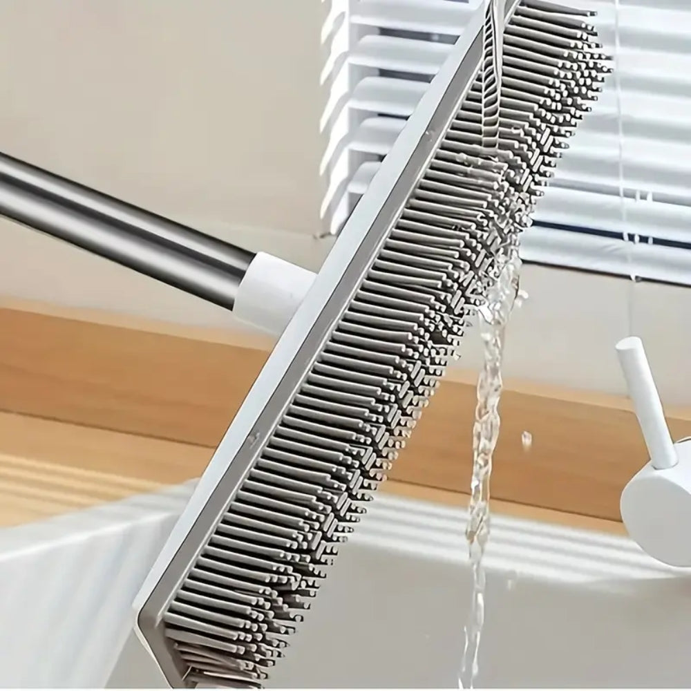 Rubber Broom Carpet Rake with Squeegee Long Handle for Pet Hair Fur Remover Broom