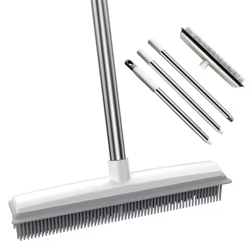 Rubber Broom Carpet Rake with Squeegee Long Handle for Pet Hair Fur Remover Broom