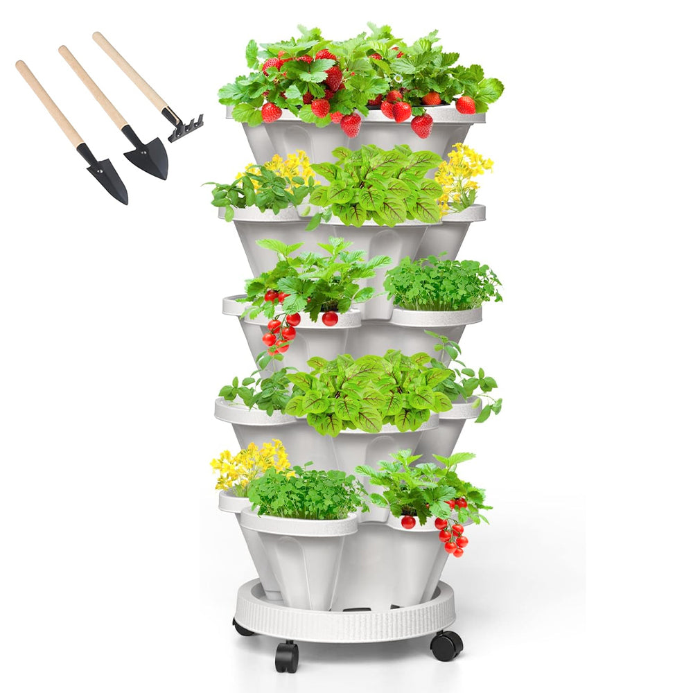 GREENHAVEN 5-Tier Stackable Planter, Indoor and Outdoor Gardening Planter with Removable Wheels and Tools