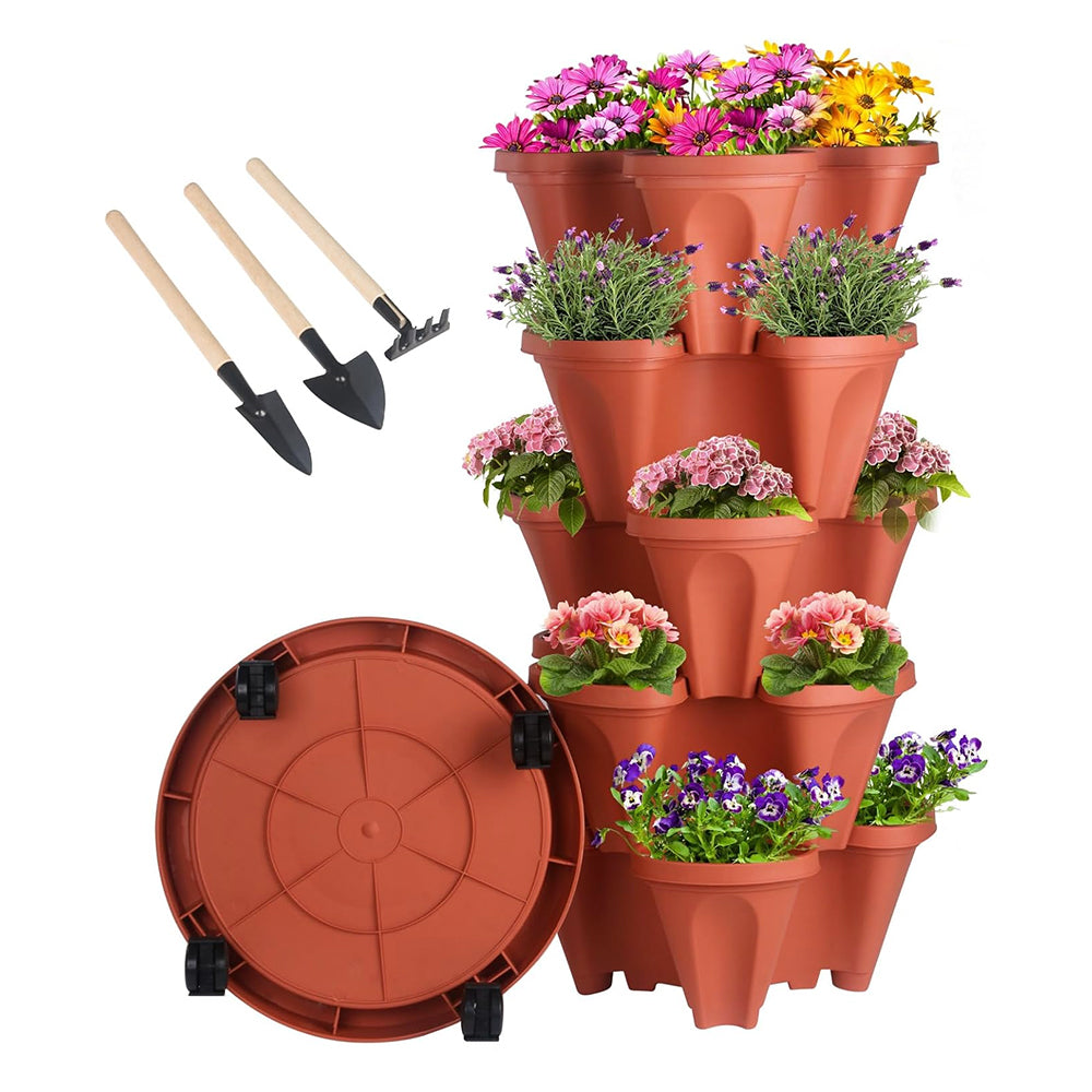 GREENHAVEN 5-Tier Stackable Planter, Indoor and Outdoor Gardening Planter with Removable Wheels and Tools