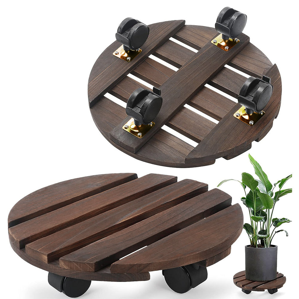 GREENHAVEN 2 Pack Plant Caddy with Lockable Wheels - Wood Color