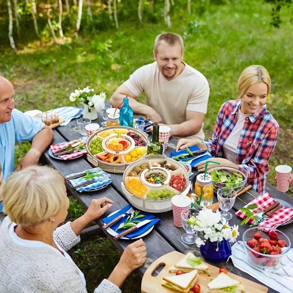 6 Compartments Rotating Fruit Tray with Lid and Handle
