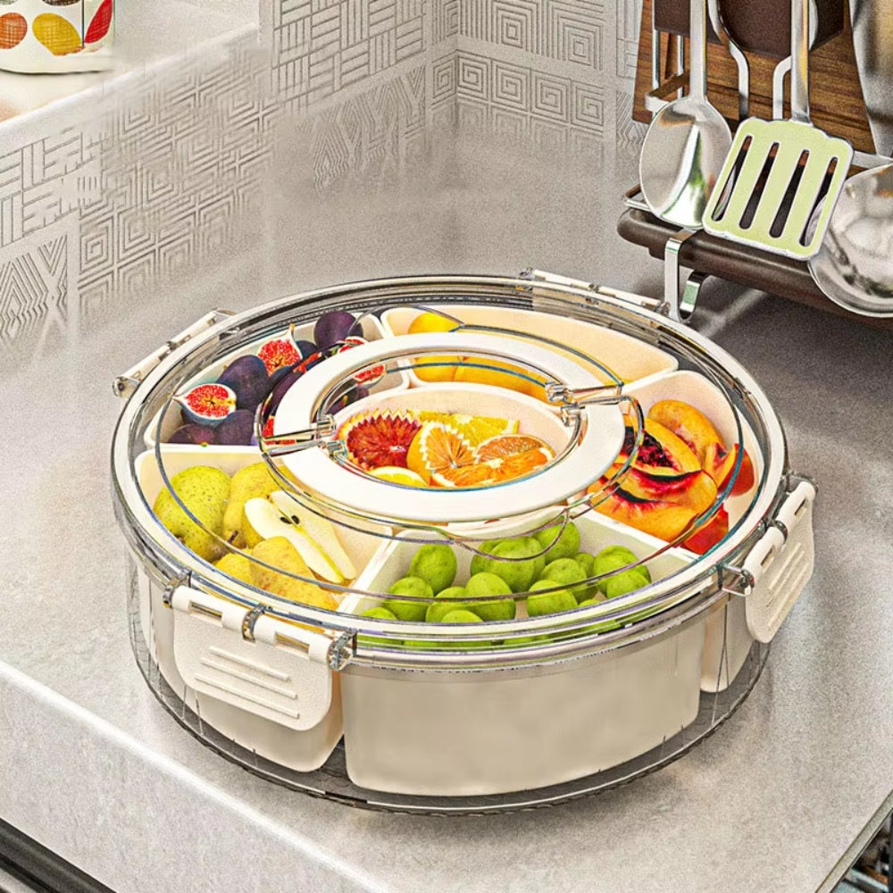 6 Compartments Rotating Fruit Tray with Lid and Handle