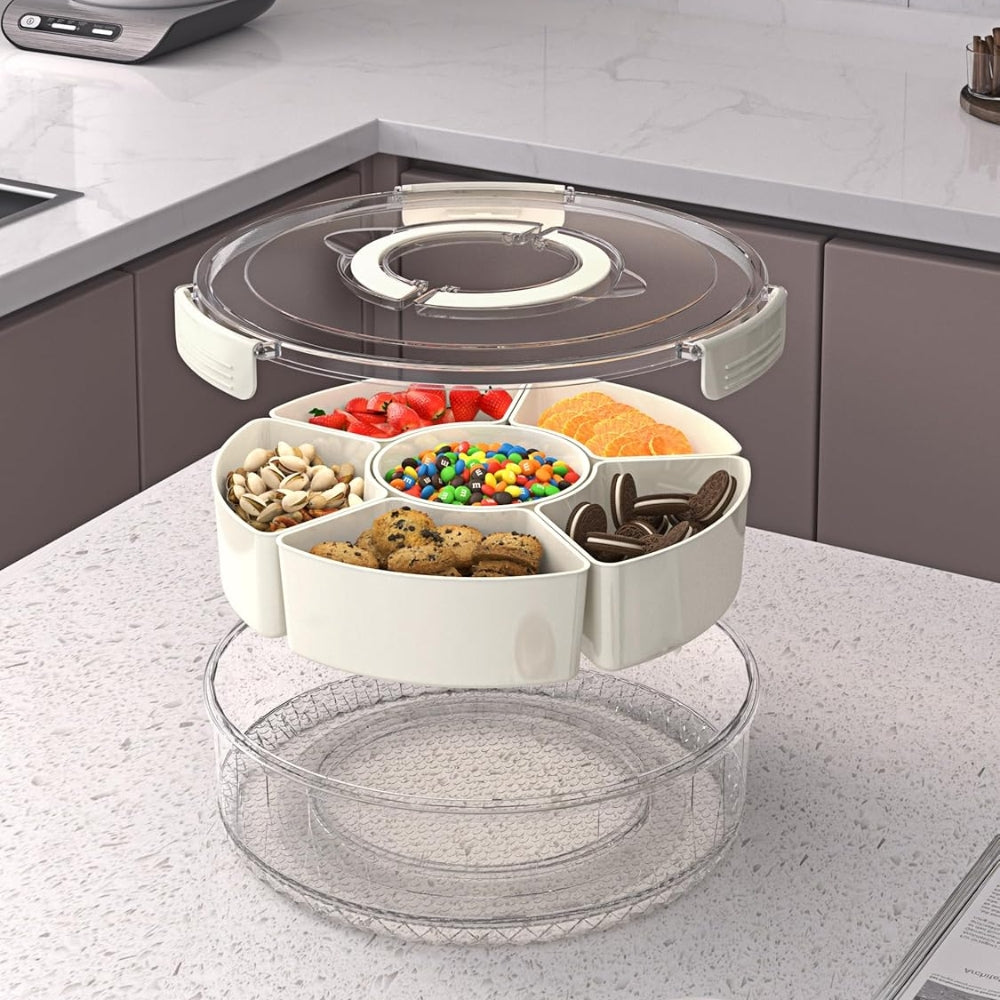 6 Compartments Rotating Fruit Tray with Lid and Handle