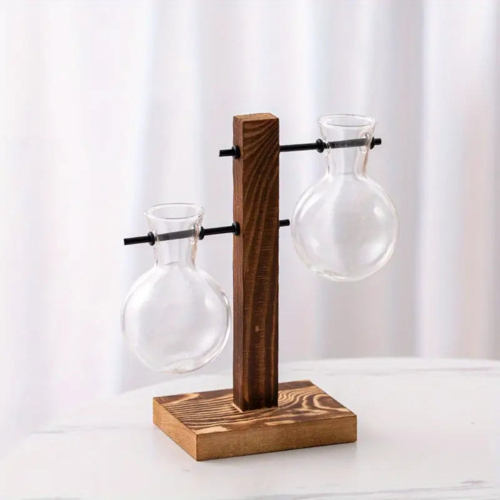 Modern Glass Bulb Vase with Wooden Stand for Hydroponic Plants