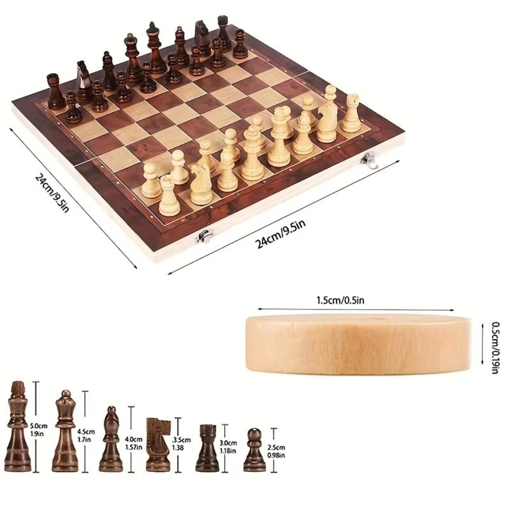 3 in 1 Portable Wooden Chess Board Set with Chess Checkers and Backgammon