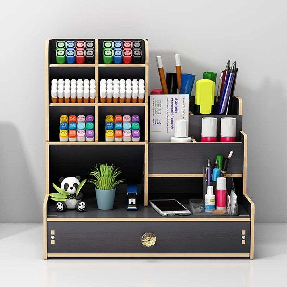 Wooden Desk Organiser DIY Desktop Tidy Pen Holder with Drawer