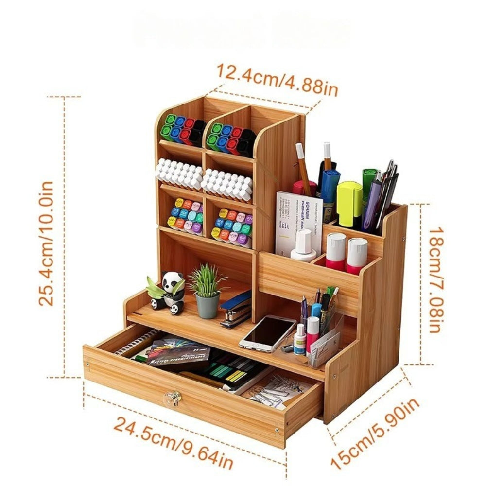 Wooden Desk Organiser DIY Desktop Tidy Pen Holder with Drawer