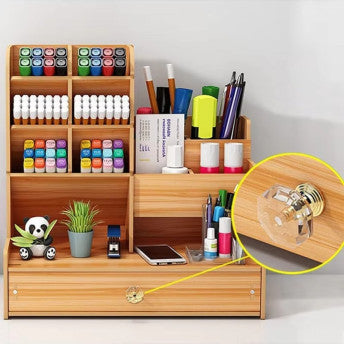 Wooden Desk Organiser DIY Desktop Tidy Pen Holder with Drawer