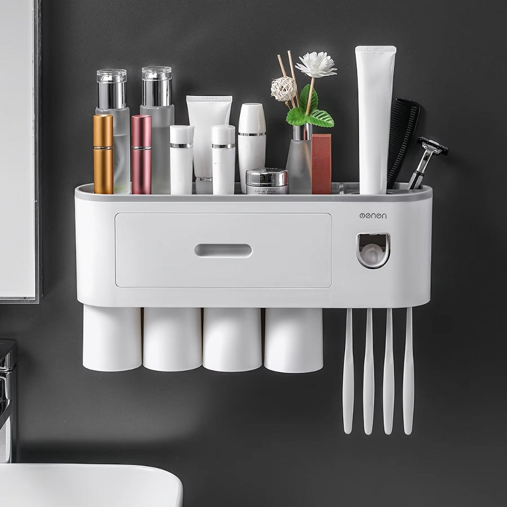 Wall Mounted No-Drill Toothbrush Holder with Toothpaste Squeezer & Storage Rack