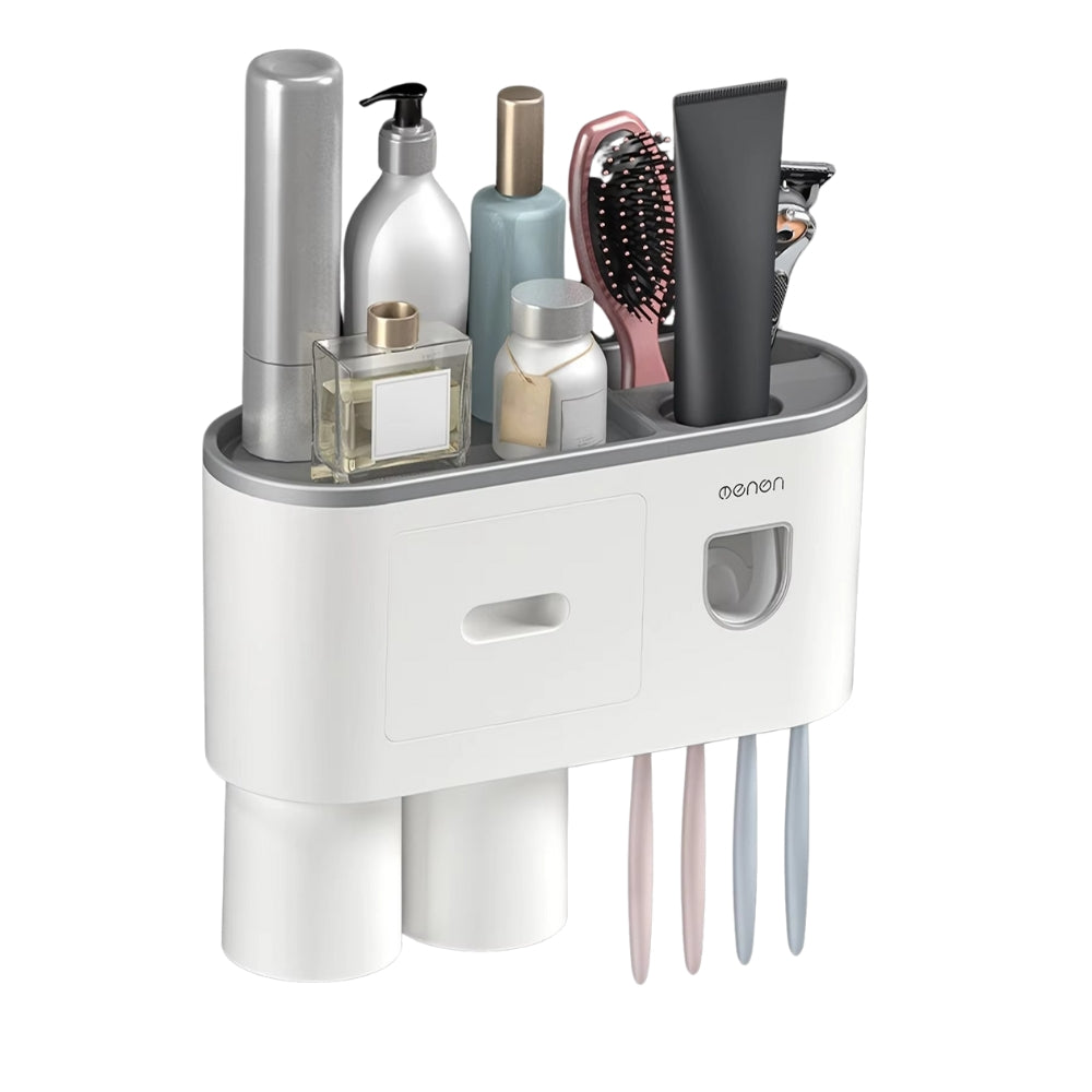 Wall Mounted No-Drill Toothbrush Holder with Toothpaste Squeezer & Storage Rack