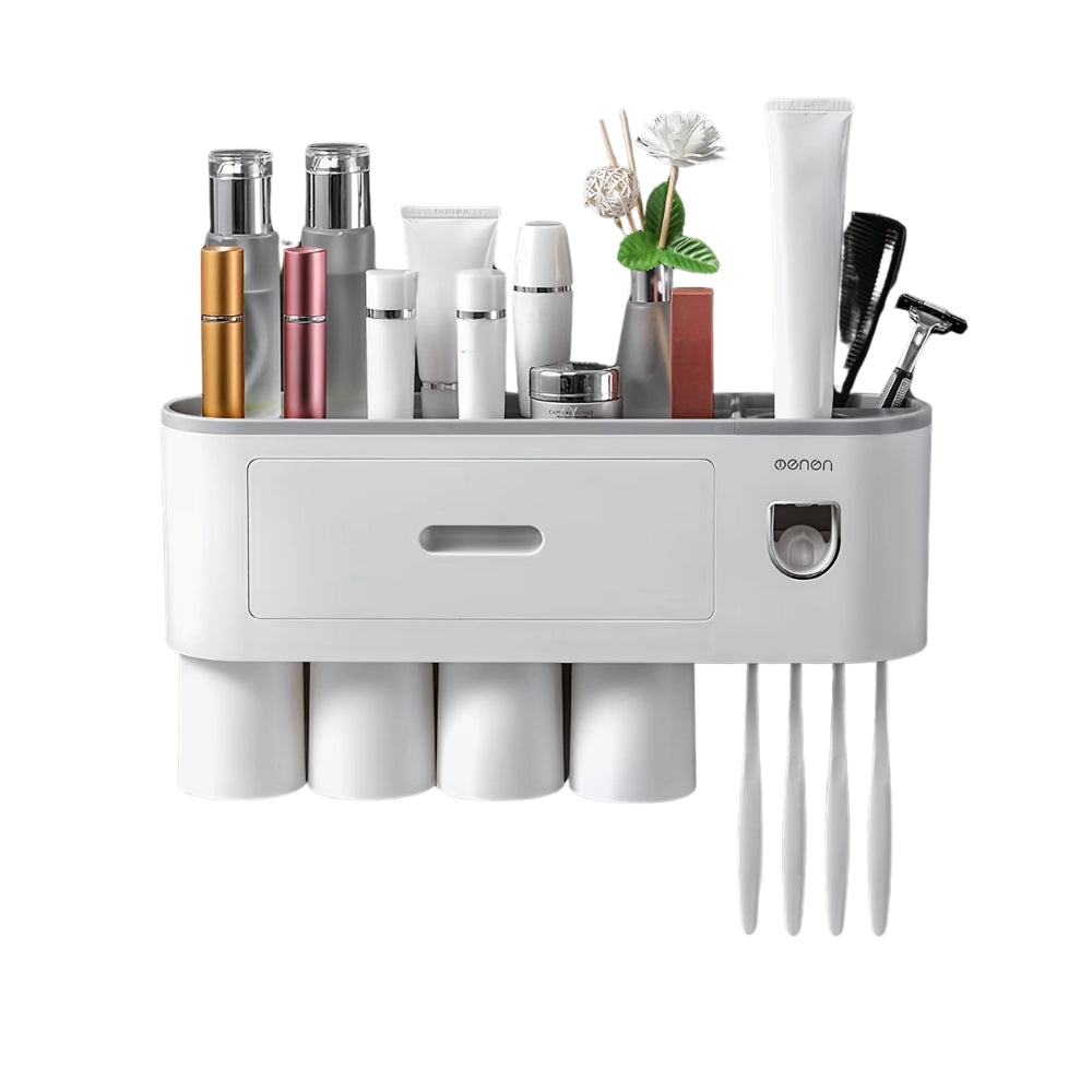 Wall Mounted No-Drill Toothbrush Holder with Toothpaste Squeezer & Storage Rack