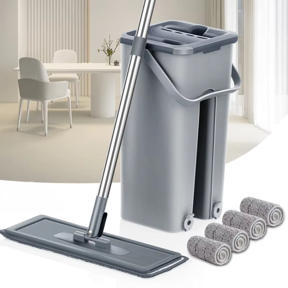 Hands Free Flat Floor Mop and Bucket System with Washable Microfiber Pads