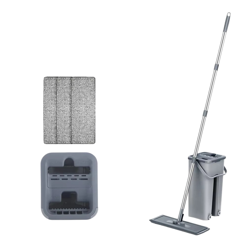Hands Free Flat Floor Mop and Bucket System with Washable Microfiber Pads