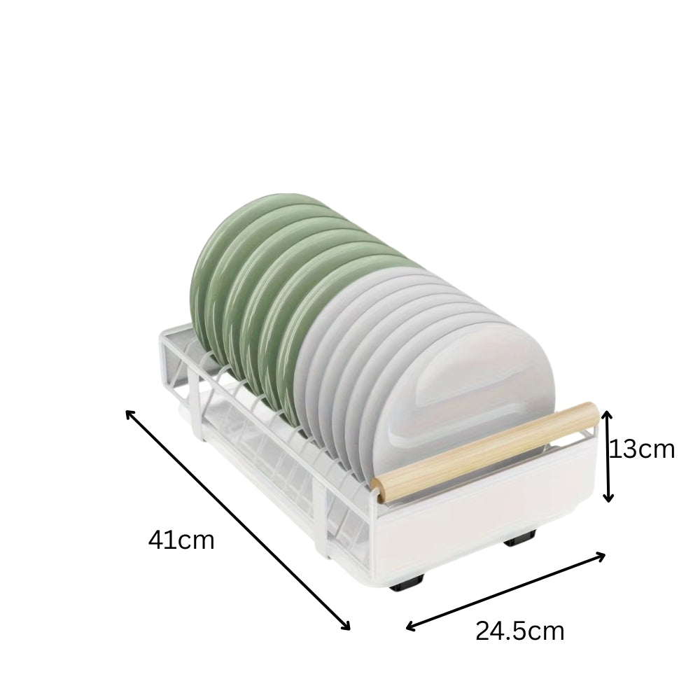 Pull Out Dish Rack with Wooden Handle and Drain Tray