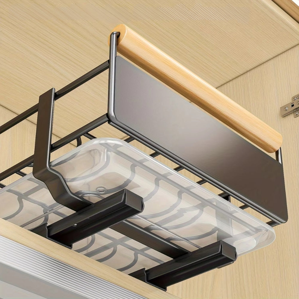 Pull Out Dish Rack with Wooden Handle and Drain Tray