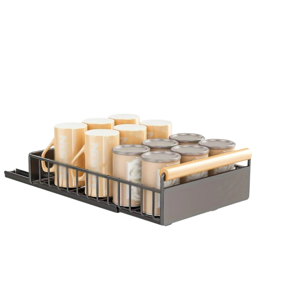 Pull Out Dish Rack with Wooden Handle and Drain Tray
