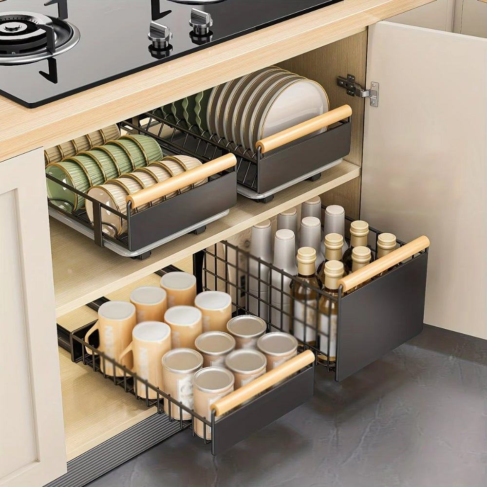 Pull Out Dish Rack with Wooden Handle and Drain Tray