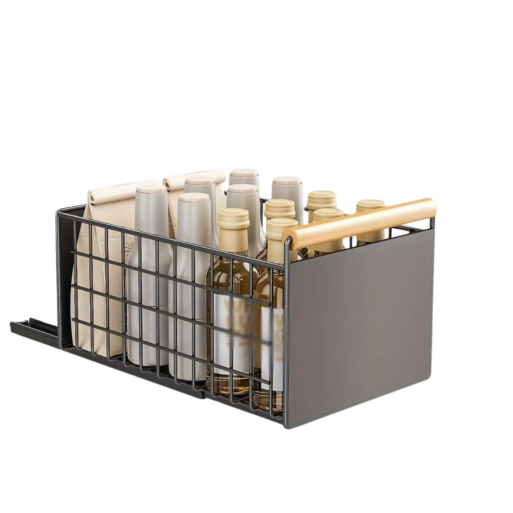 Pull Out Dish Rack with Wooden Handle and Drain Tray