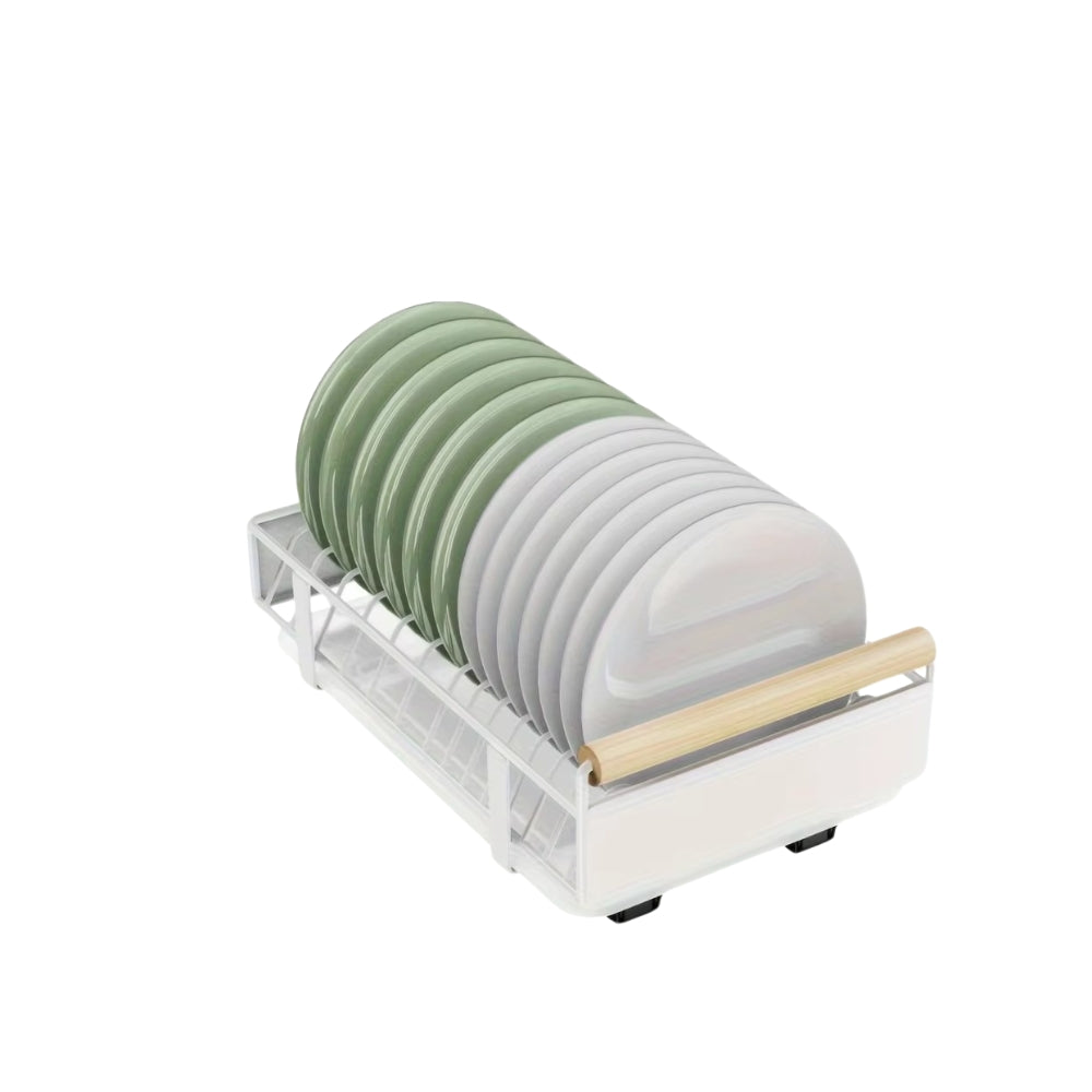 Pull Out Dish Rack with Wooden Handle and Drain Tray