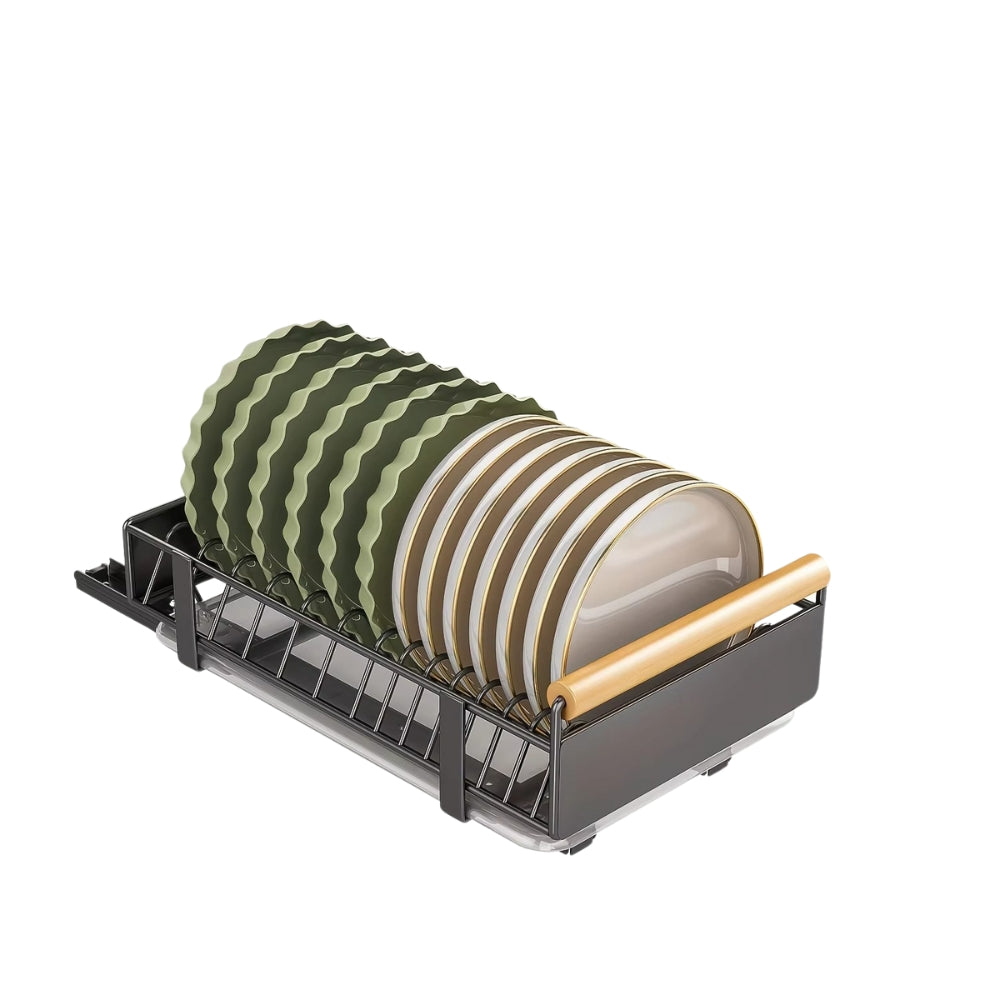 Pull Out Dish Rack with Wooden Handle and Drain Tray