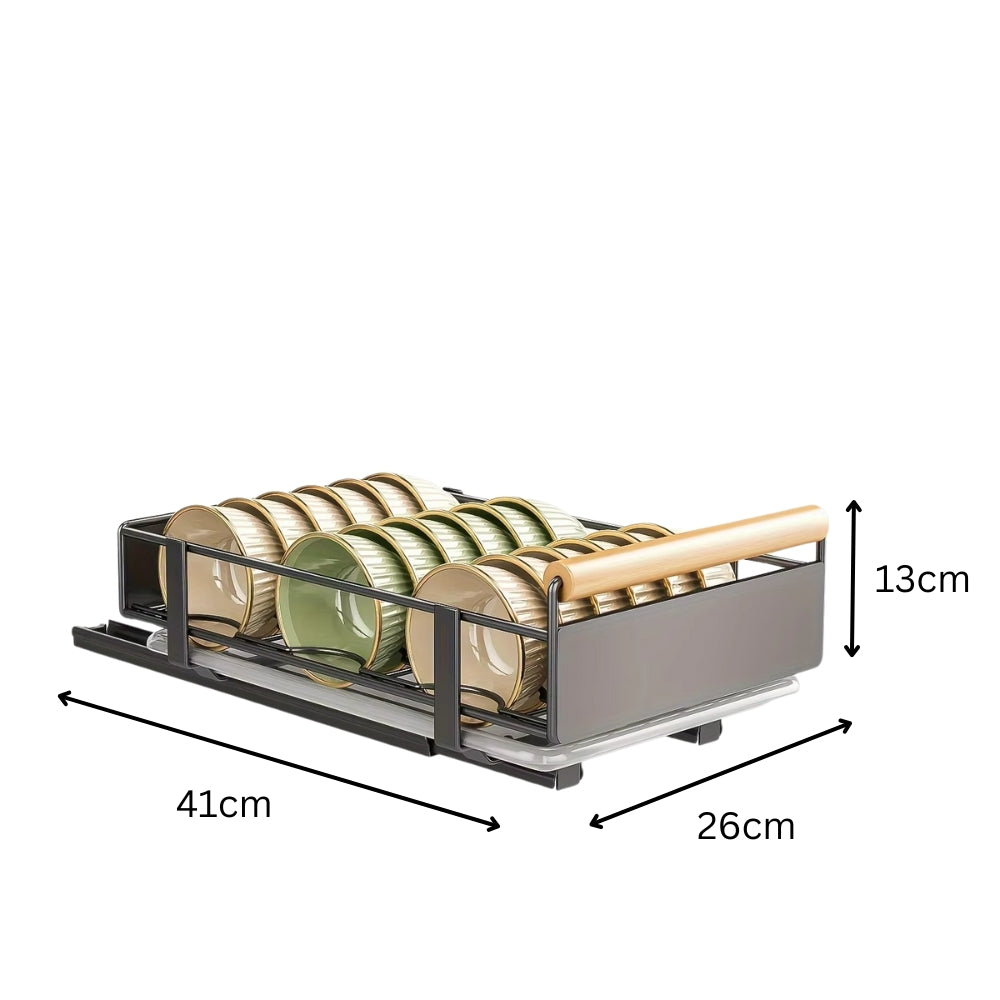 Pull Out Dish Rack with Wooden Handle and Drain Tray