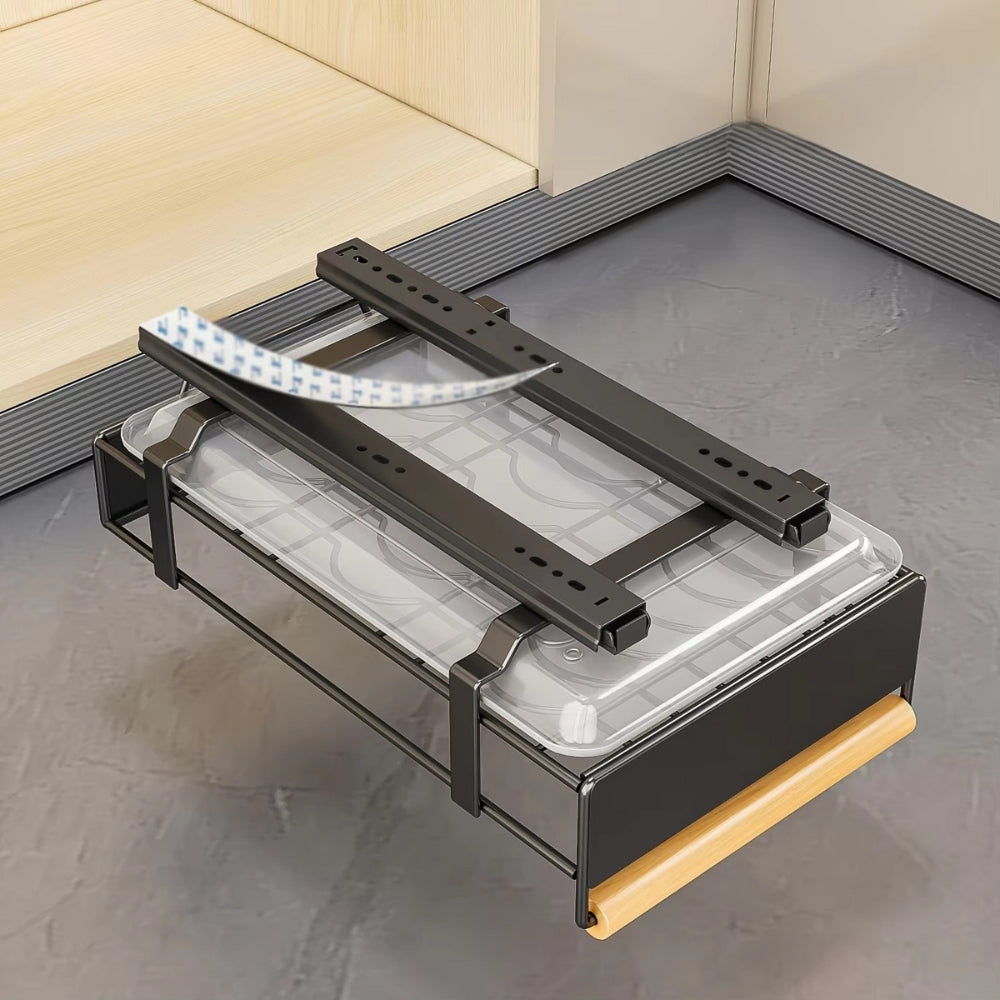 Pull Out Dish Rack with Wooden Handle and Drain Tray