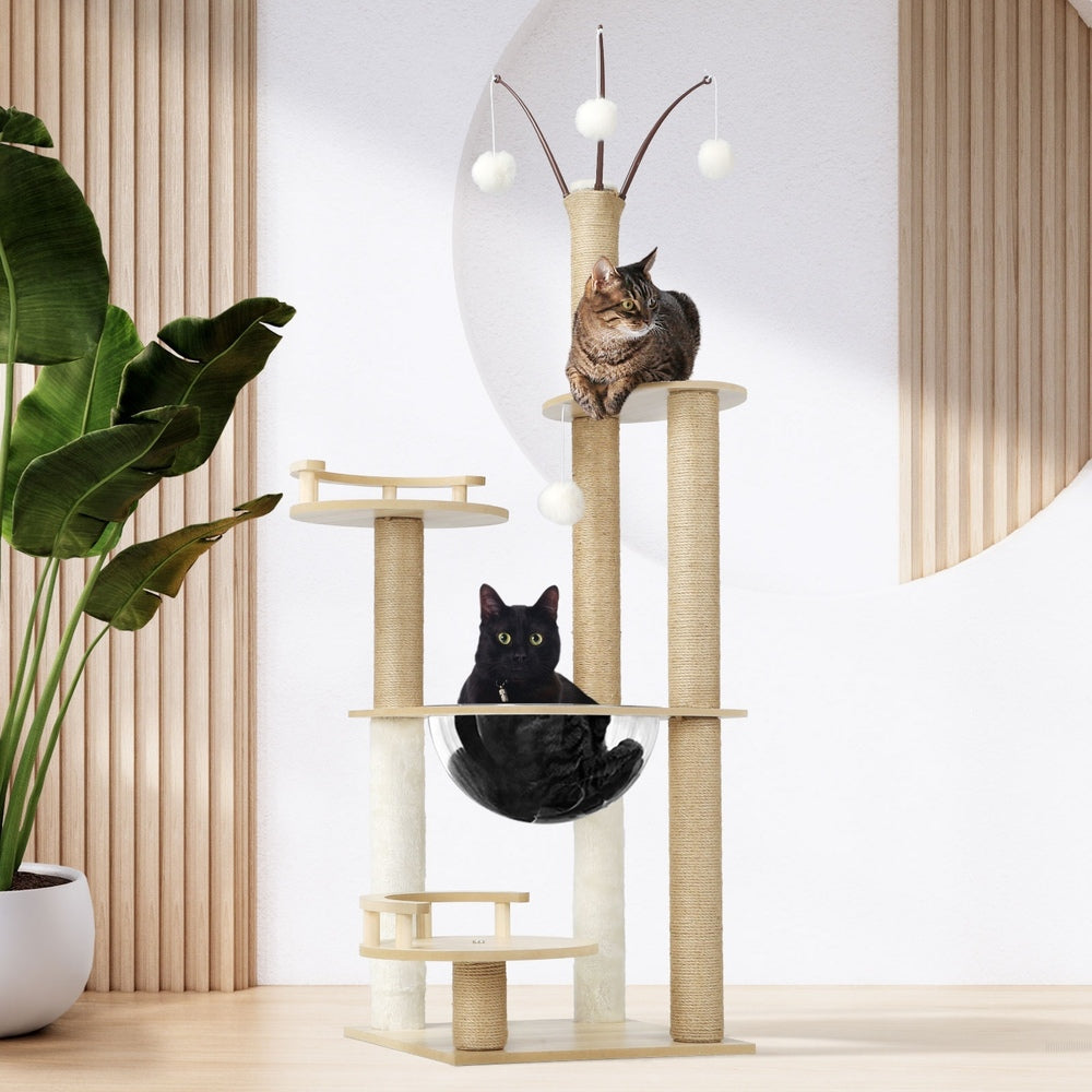 Wooden Cat Tree Scratching Post Acrylic Bowl