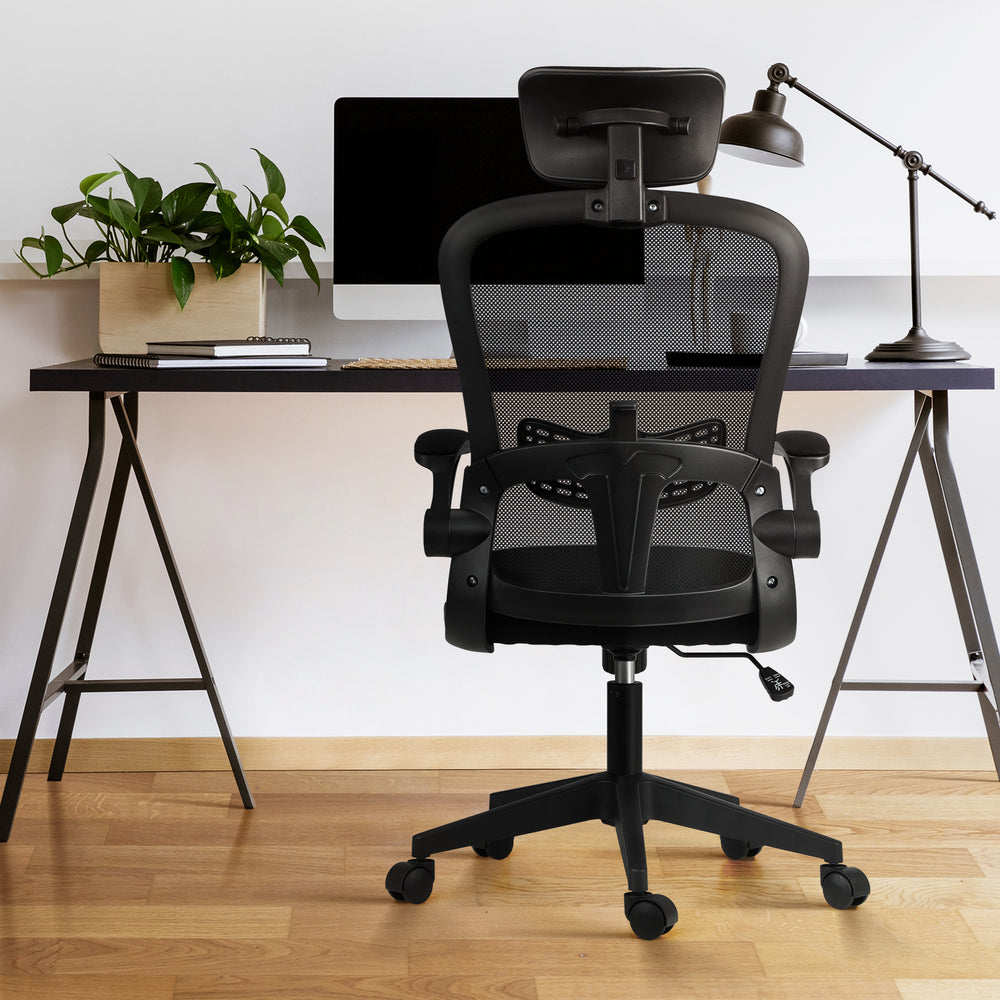 Black Mesh Office Chair with Headrest and Armrests