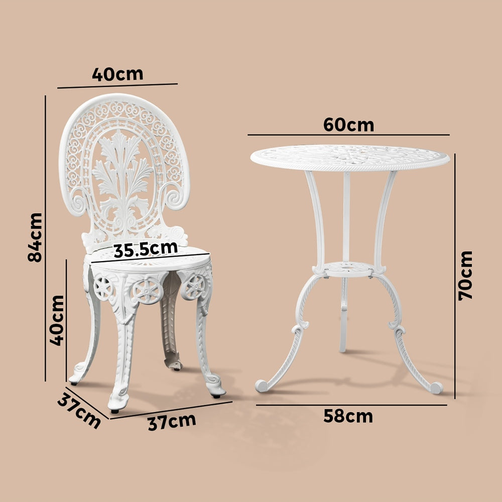 Outdoor Cast Aluminum Table and Chairs Set 3pcs White