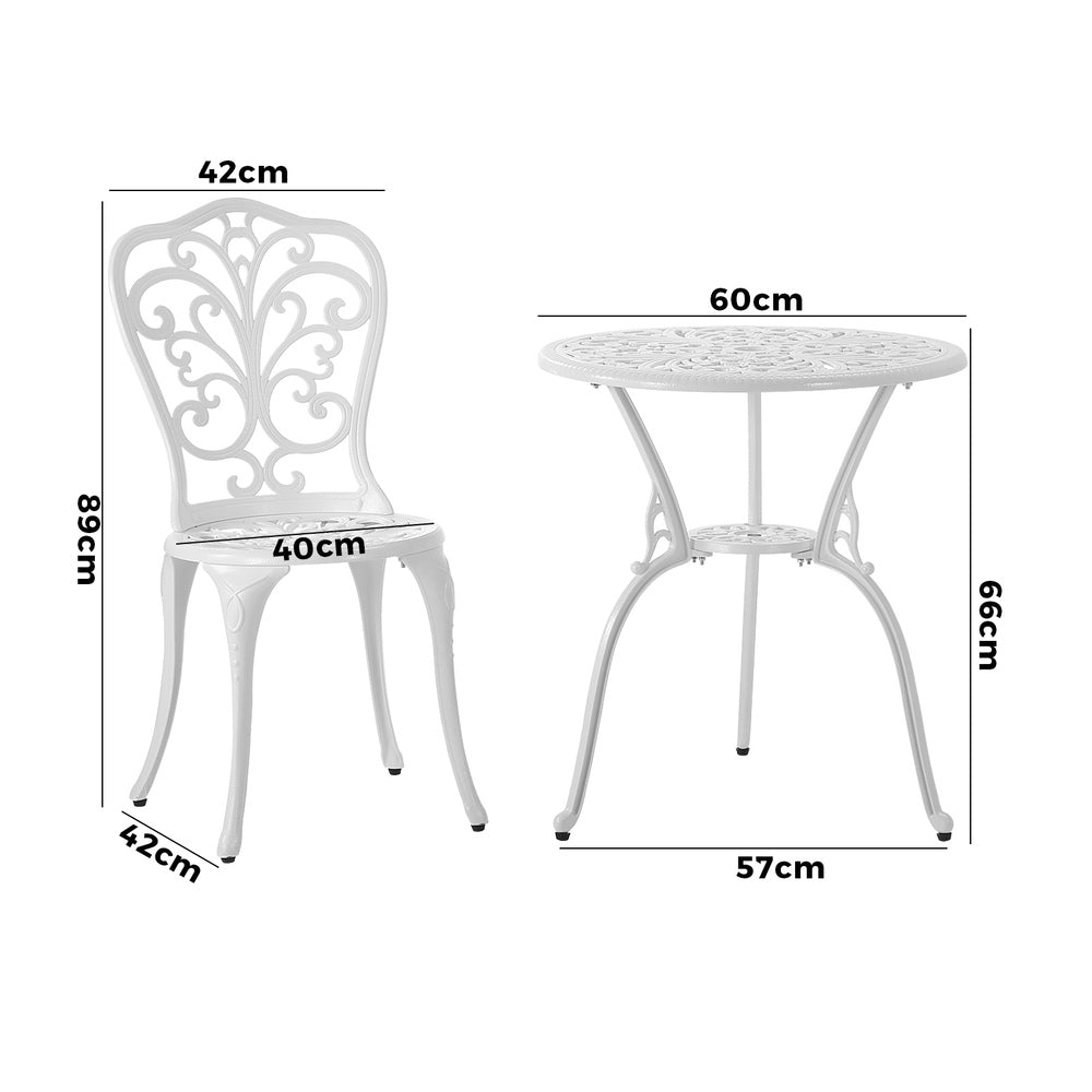 Outdoor Patio Set 3pcs Cast Aluminum Table and Chairs White
