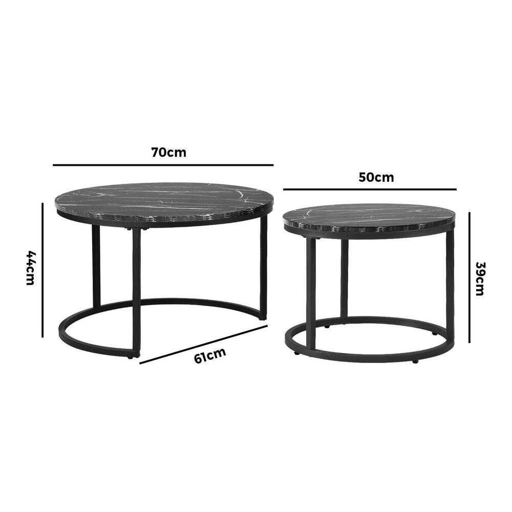 Set of 2 Round Nesting Coffee Tables Marble Top Black
