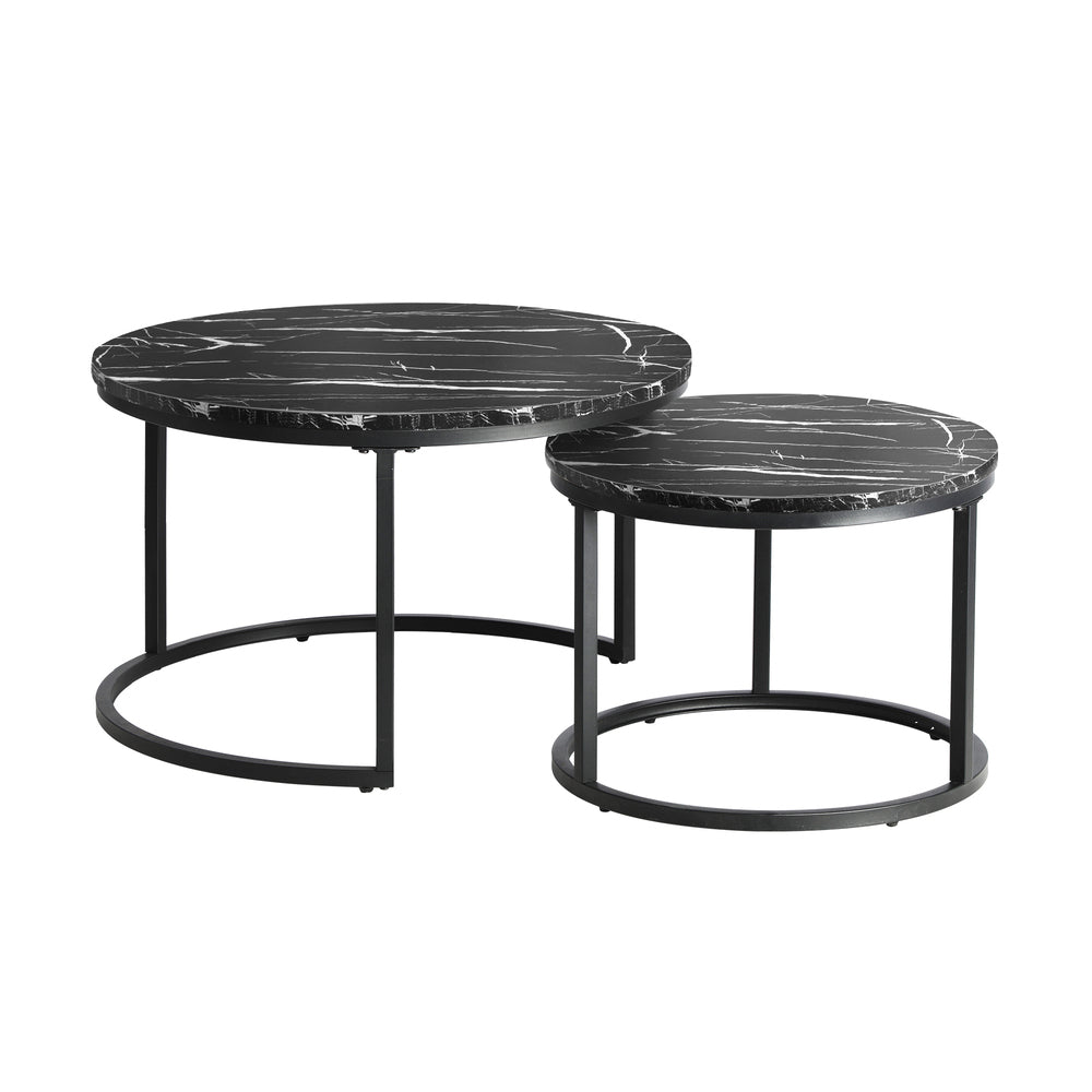 Set of 2 Round Nesting Coffee Tables Marble Top Black