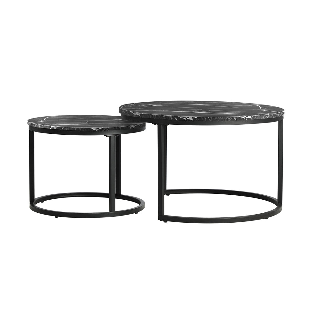 Set of 2 Round Nesting Coffee Tables Marble Top Black